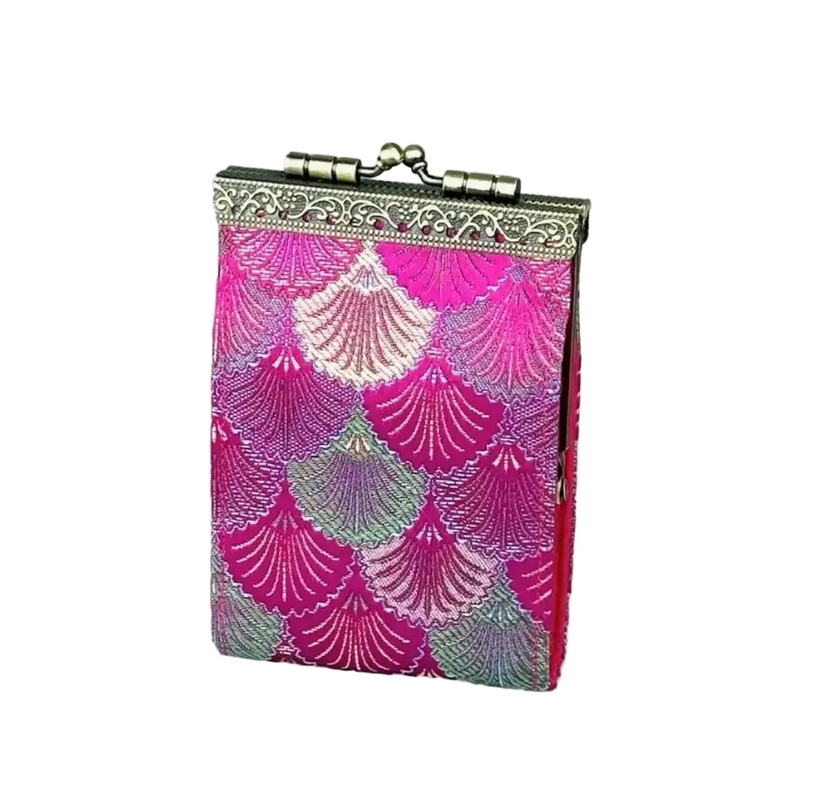 Cathayana CHR-108 Hot Pink and Green Brocade Shells Card Holder With Rfid Card Case Wallet