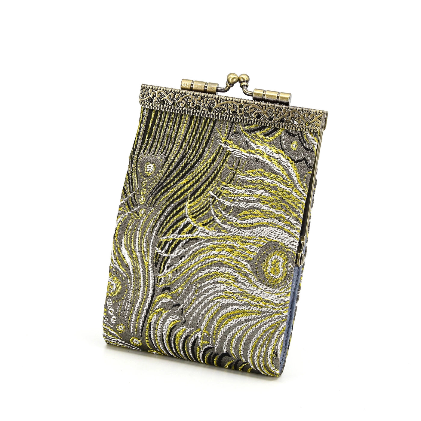 Cathayana CHR-67 Grey and Yellow Brocade Peacock Card Holder With Rfid Card Case Card Wallet