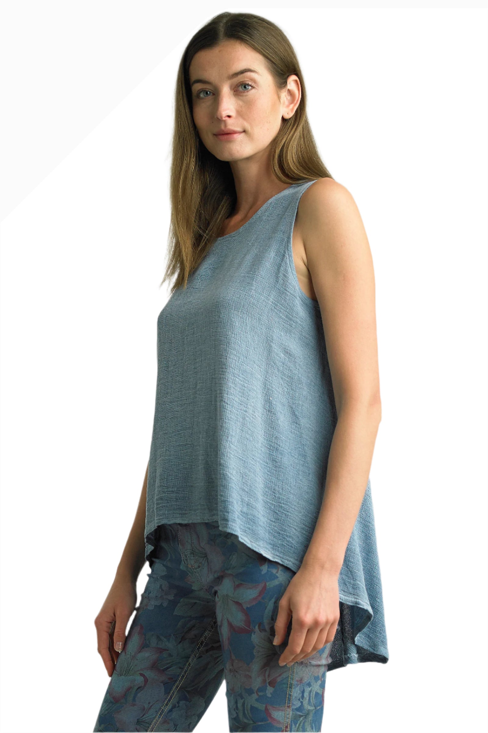 Tempo Paris 7450ED Denim 100% Washed Linen Hi-Lo Tank Top