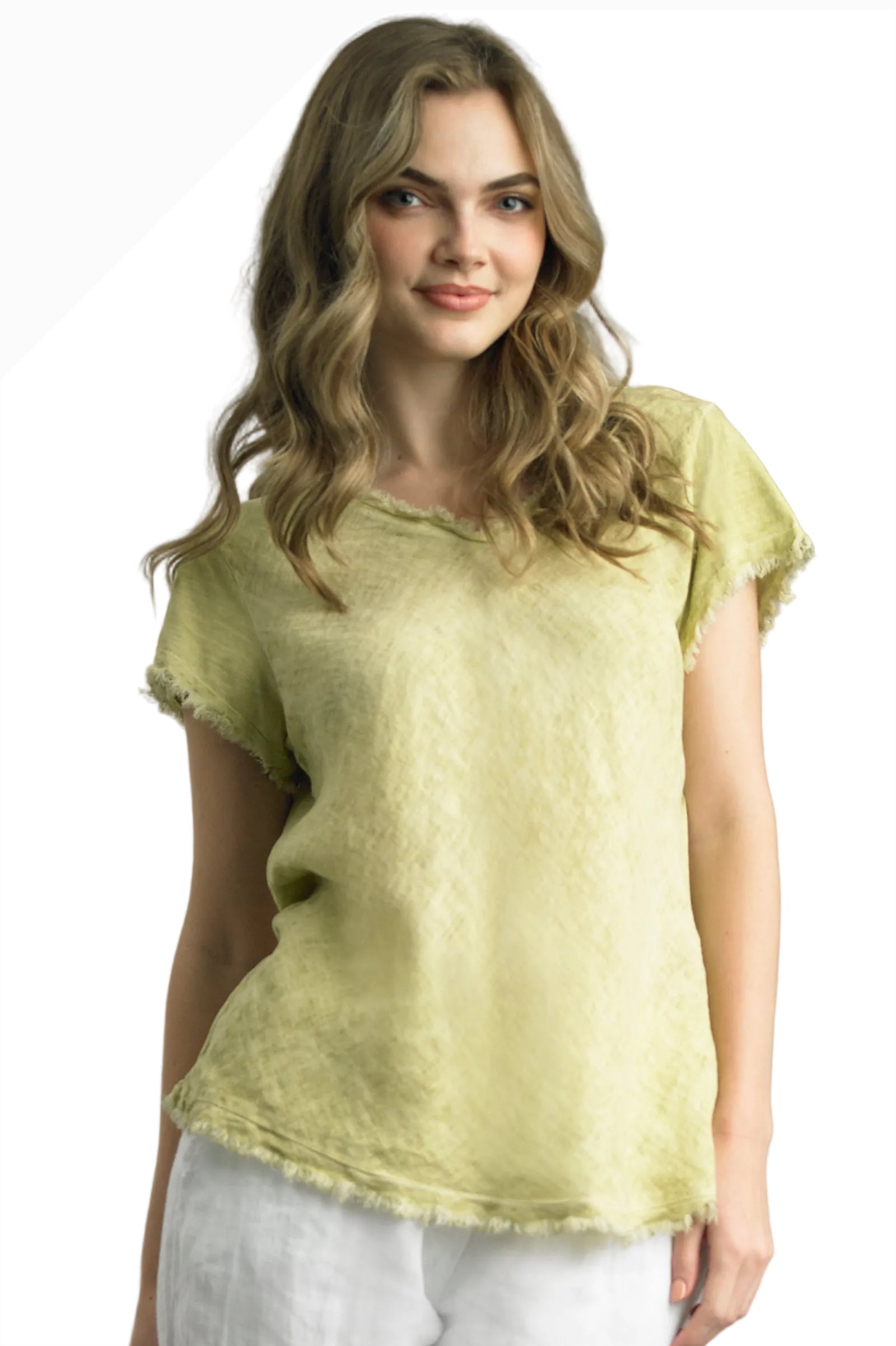 Tempo Paris 7574ASG SAGE V-Neck Bias Cut Frayed Edge 100% Wash Linen T-Shirt