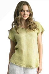 Tempo Paris 7574ASG SAGE V-Neck Bias Cut Frayed Edge 100% Wash Linen T-Shirt
