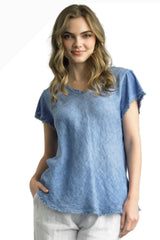 Tempo Paris 7574ADN DENIM V-Neck Bias Cut Frayed Edge 100% Wash Linen T-Shirt