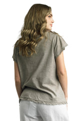 Tempo Paris 7574ATP TAUPE V-Neck Bias Cut Frayed Edge 100% Wash Linen T-Shirt