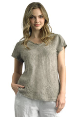 Tempo Paris 7574ATP TAUPE V-Neck Bias Cut Frayed Edge 100% Wash Linen T-Shirt