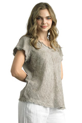Tempo Paris 7574ATP TAUPE V-Neck Bias Cut Frayed Edge 100% Wash Linen T-Shirt