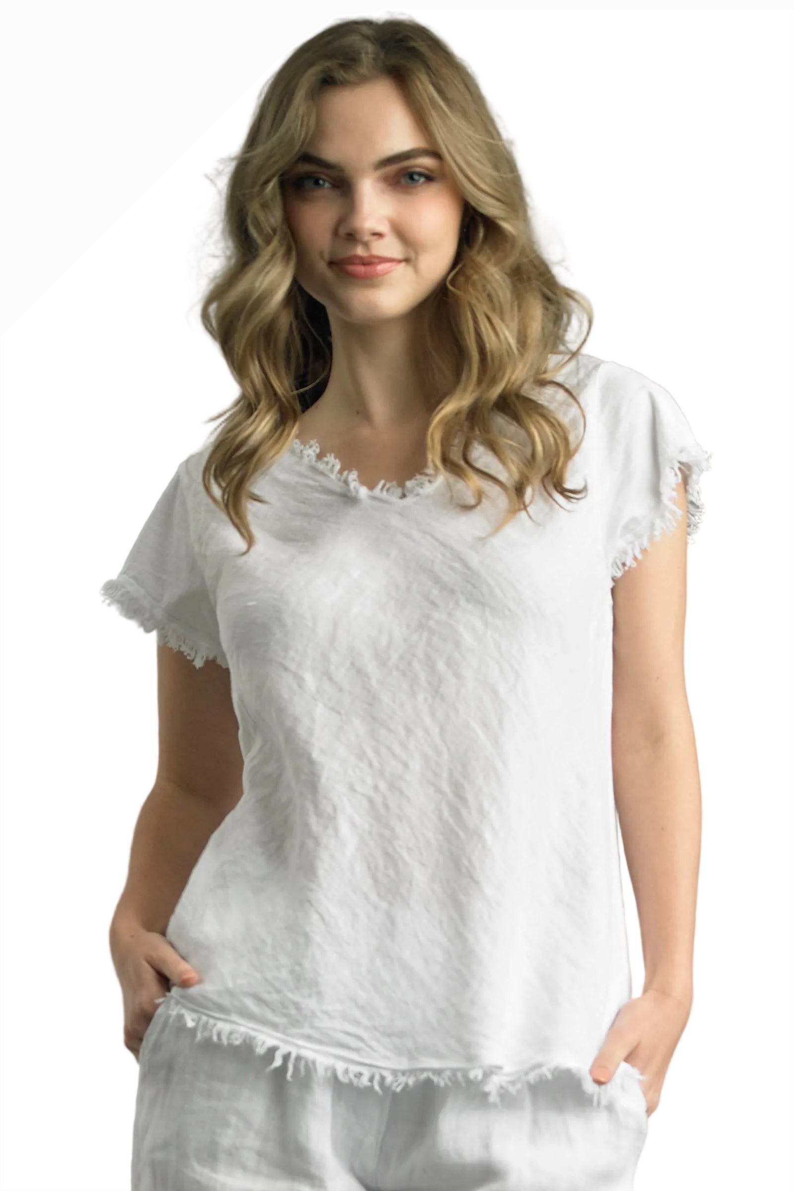 Tempo Paris 7574AWT WHITE V-Neck Bias Cut Frayed Edge 100% Wash Linen T-Shirt