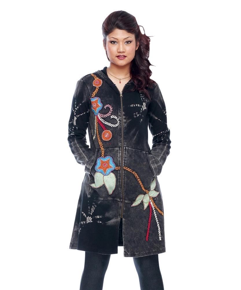 Rising Tide LCD583 Black Embroidered Zip Front Hooded Long Jacket With Pockets
