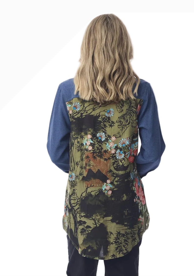 Orientique 62808 Keqioa Floral Jungle Print Long Button Front Patchwork Shirt