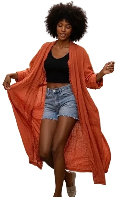 Dance In Paris 11108RU RUST One Size Italian Linen Duster With Silk Frayed Edges