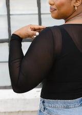 Elietian ET1601PBK Black Curvy Fit One Size Sheer Mesh Long Sleeve Top