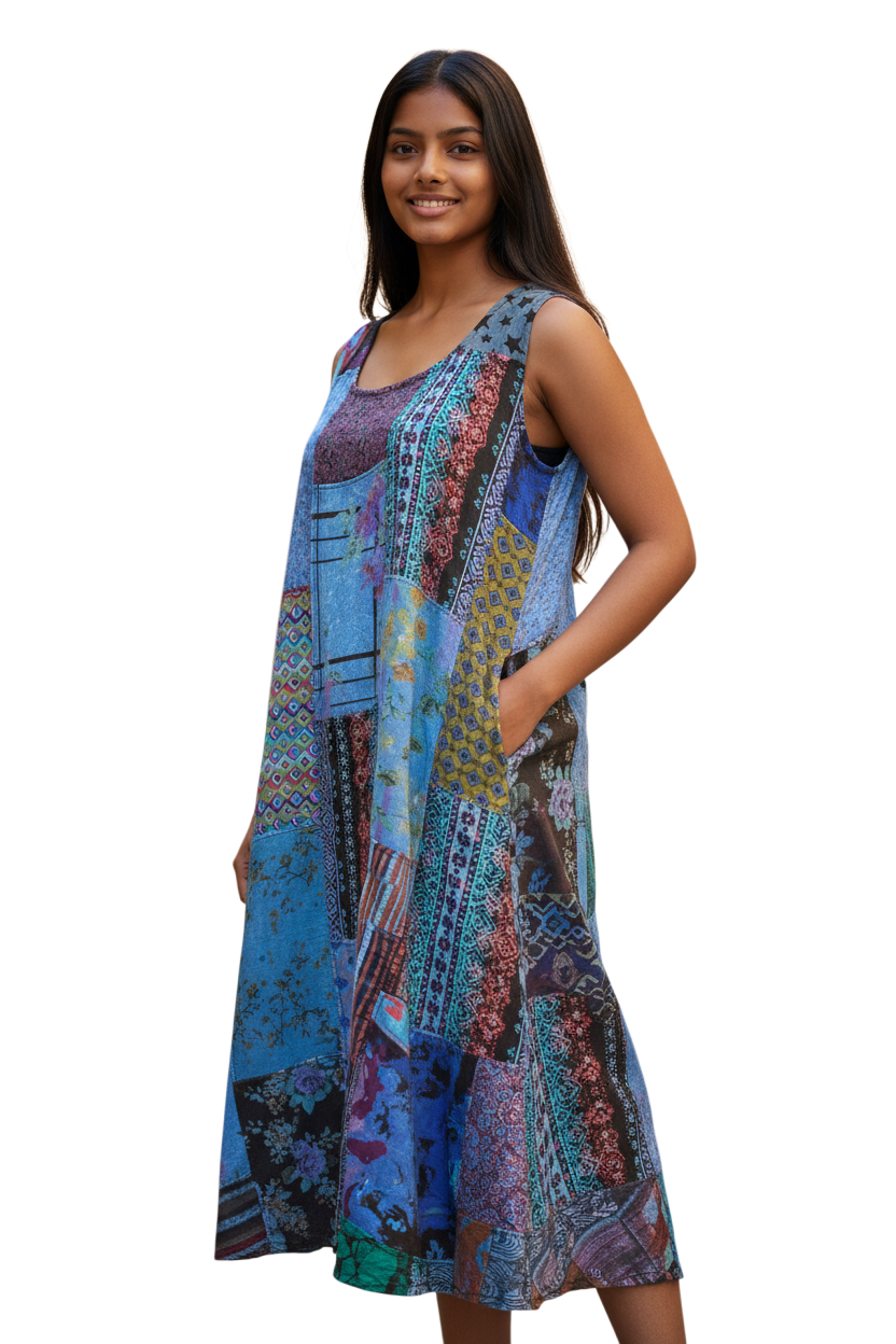 Windhorse Trading AD84BU BLUE One Size Patchwork Anshee Dress