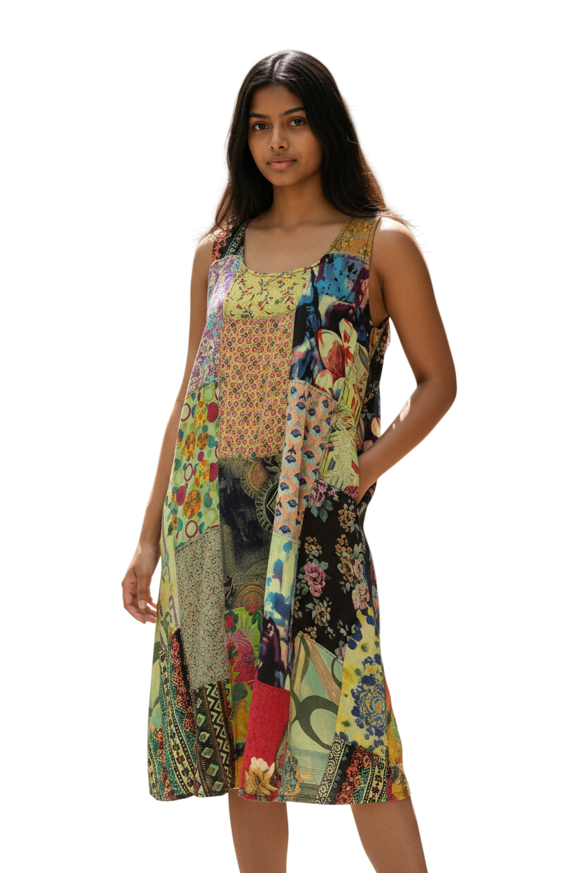 Windhorse Trading AD84GN GREEN One Size Patchwork Anshee Dress