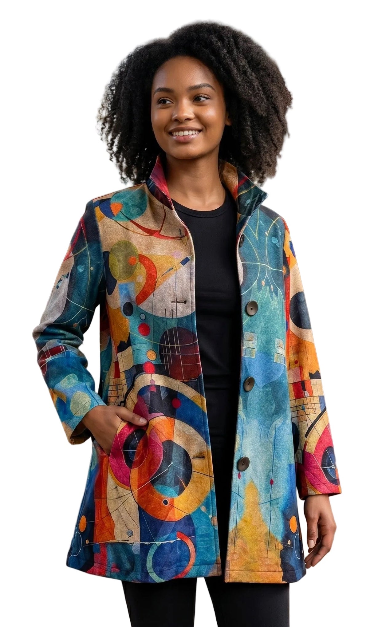 Damee 5094MU Multicolor Kandinsky Button Front Long Jacket