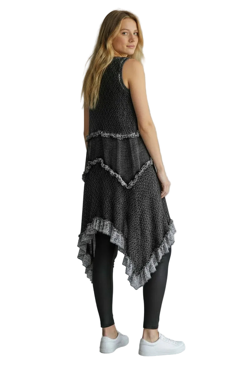 Pol Clothing SMQM12BK BLACK 100% Cotton One Size Ruffled Vintage-Washed Crochet Vest Cardigan