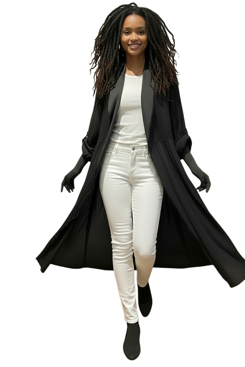 Dance In Paris 11108BK BLACK One Size Italian Linen Duster With Silk Frayed Edges