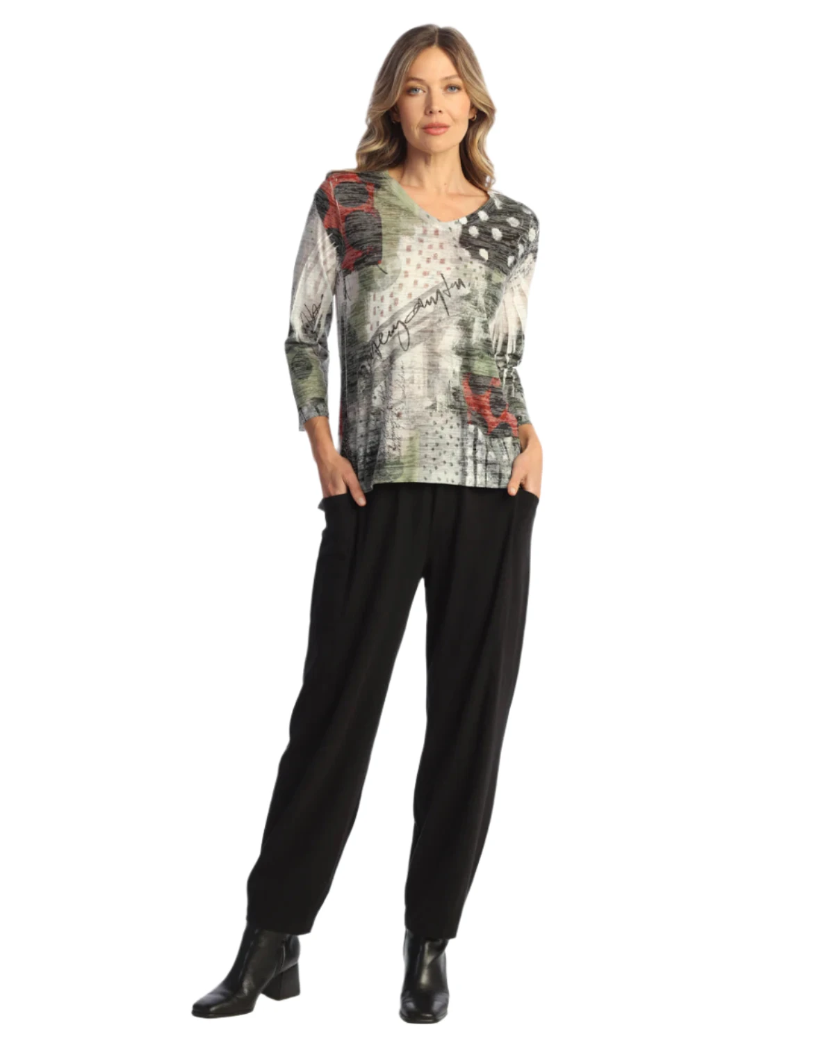 Jess & Jane AJ32136 POLKADOT Burnout Rounded V-Neck Top With Side Slits