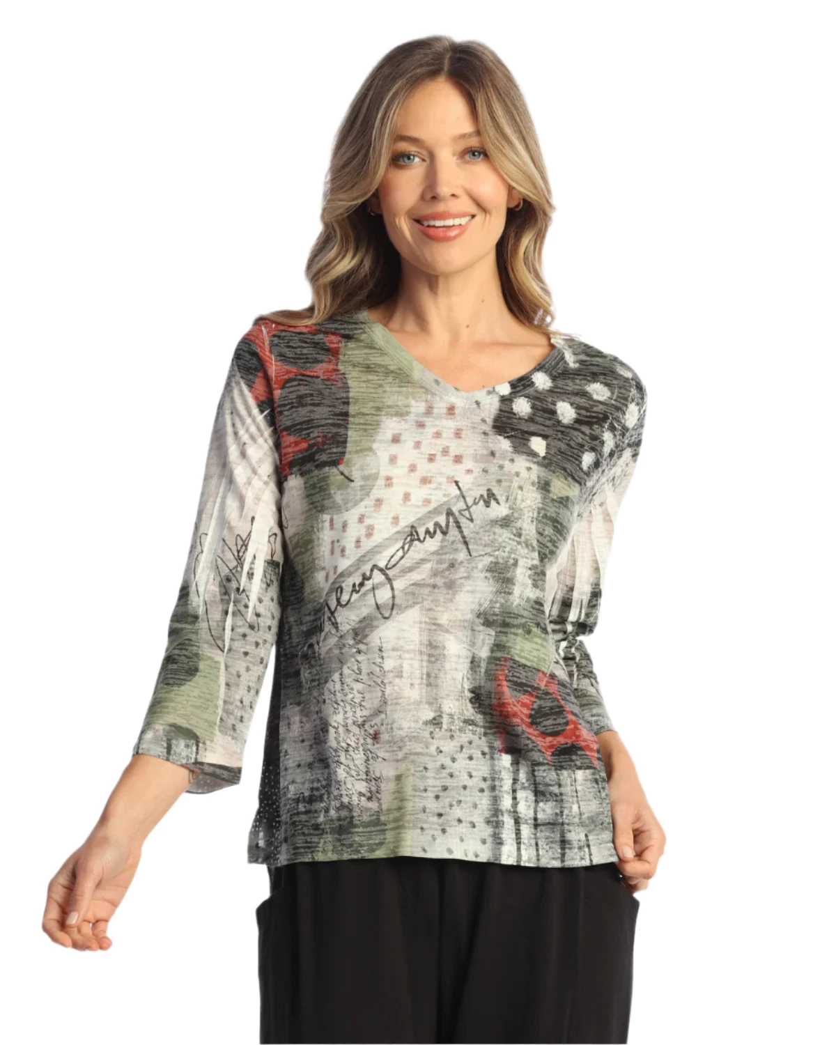 Jess & Jane AJ32136 POLKADOT Burnout Rounded V-Neck Top With Side Slits