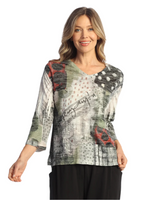 Jess & Jane AJ32136 POLKADOT Burnout Rounded V-Neck Top With Side Slits