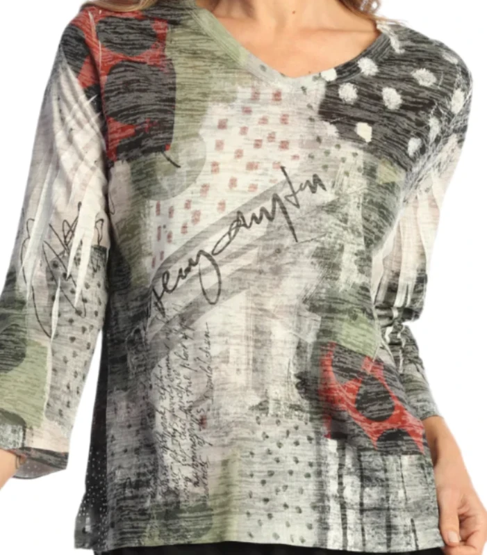Jess & Jane AJ32136 POLKADOT Burnout Rounded V-Neck Top With Side Slits