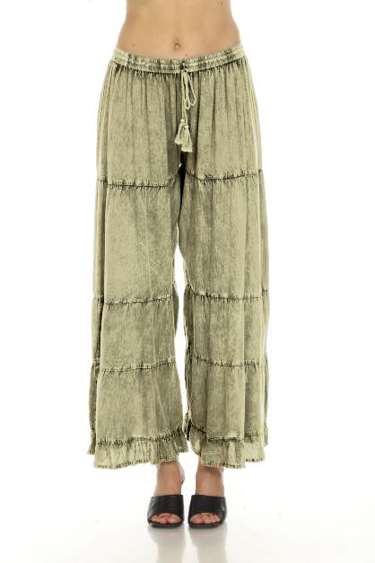 Apparel Love 19OV Olive One Size 100% Rayon Stone Washed Ruffle Pant