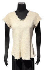 Tempo Paris 7574ABG BEIGE V-Neck Bias Cut Frayed Edge 100% Wash Linen T-Shirt
