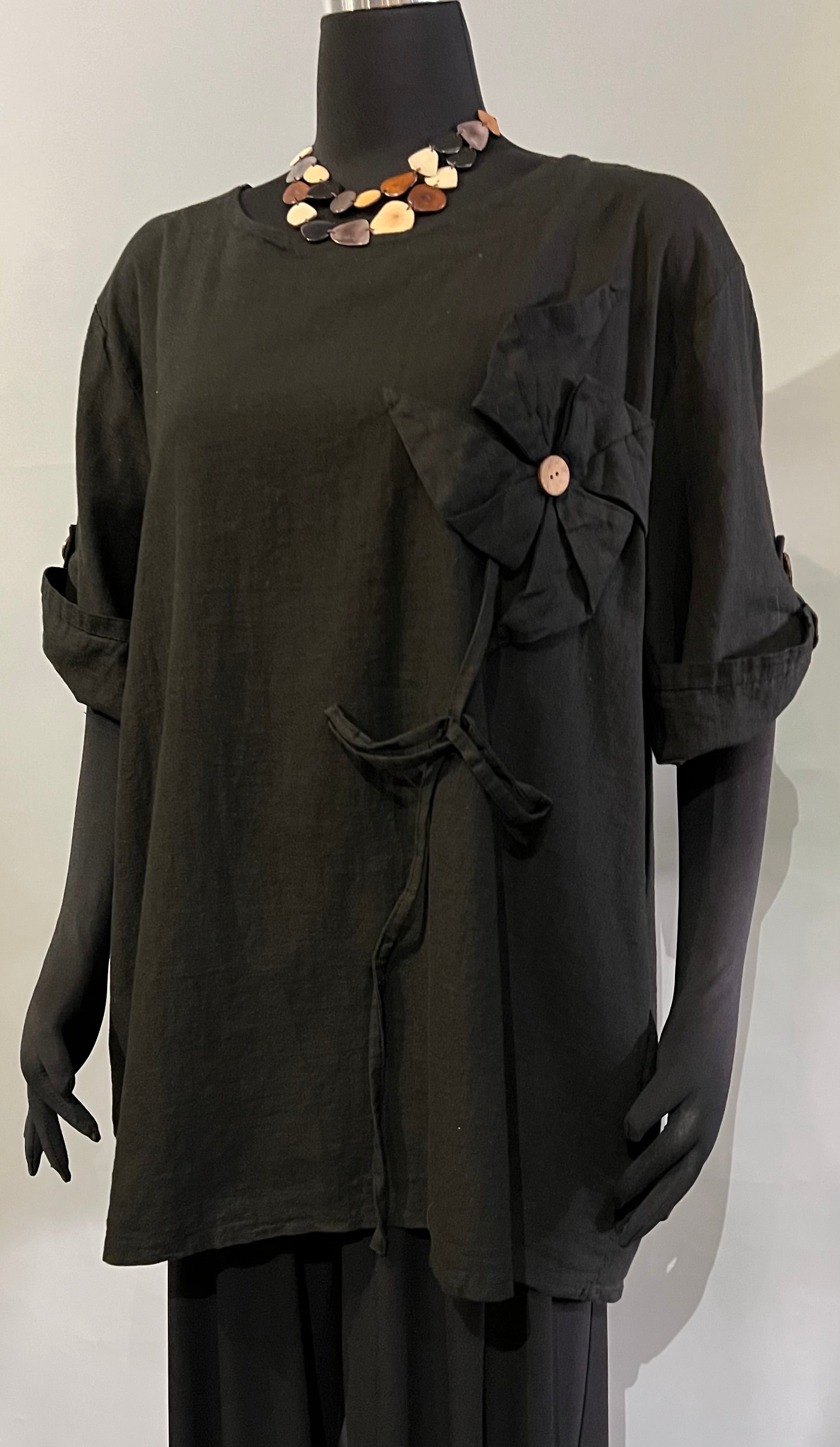 Transparente 91816BK Black 100% Linen One Size Flower Top