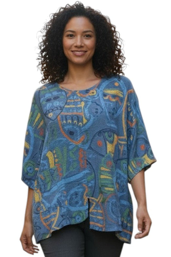 Transparente 6653MBU BLUE Mahi Cotton Linen Blend Pop Art Print Tunic