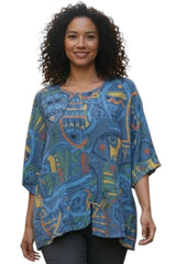 Transparente 6653MBU BLUE Mahi Cotton Linen Blend Pop Art Print Tunic