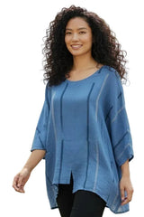 Transparente 6653SBU BLUE 100% Linen Stripe Split Tunic