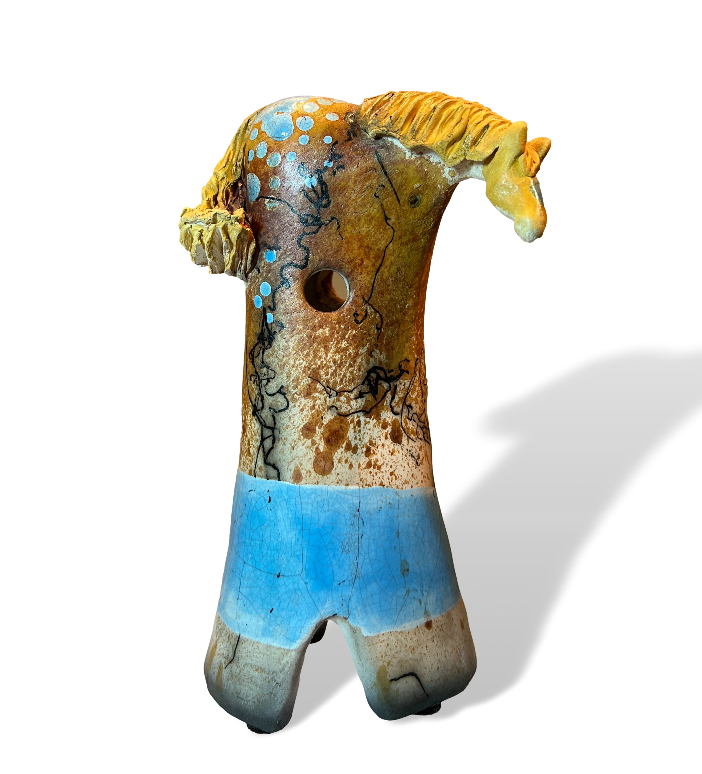 Alan Potter HRSHH Brown and Turquoise Horsehair Horse Handmade Raku Pottery Sculpture