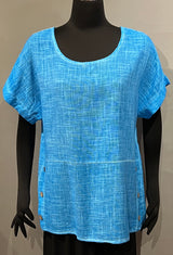 Plum Loco SS90059LT TURQUOISE One Size Cotton Gauze & Linen Top With Button Detail