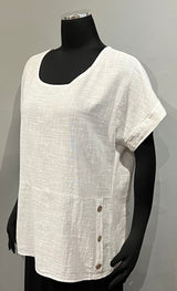 Plum Loco SS90059LW WHITE One Size Cotton Gauze & Linen Top With Button Detail