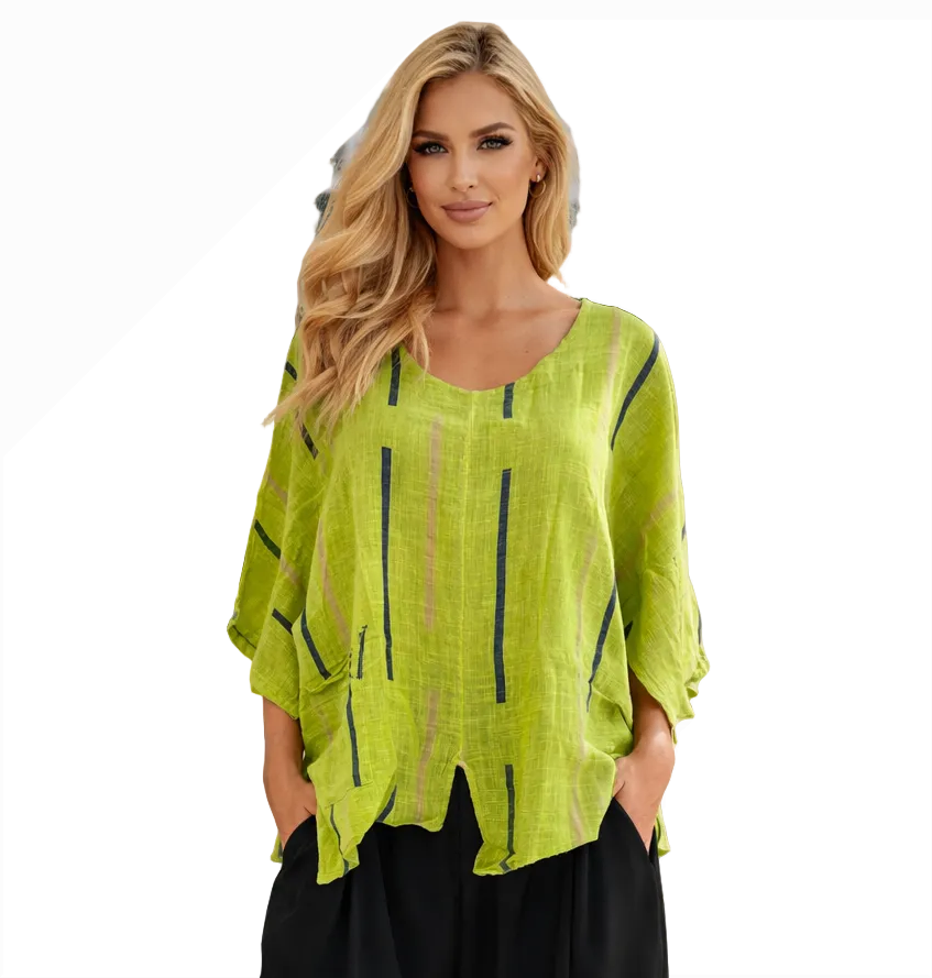 Transparente 6653SKW KIWI 100% Linen One Size Stripe Split Tunic