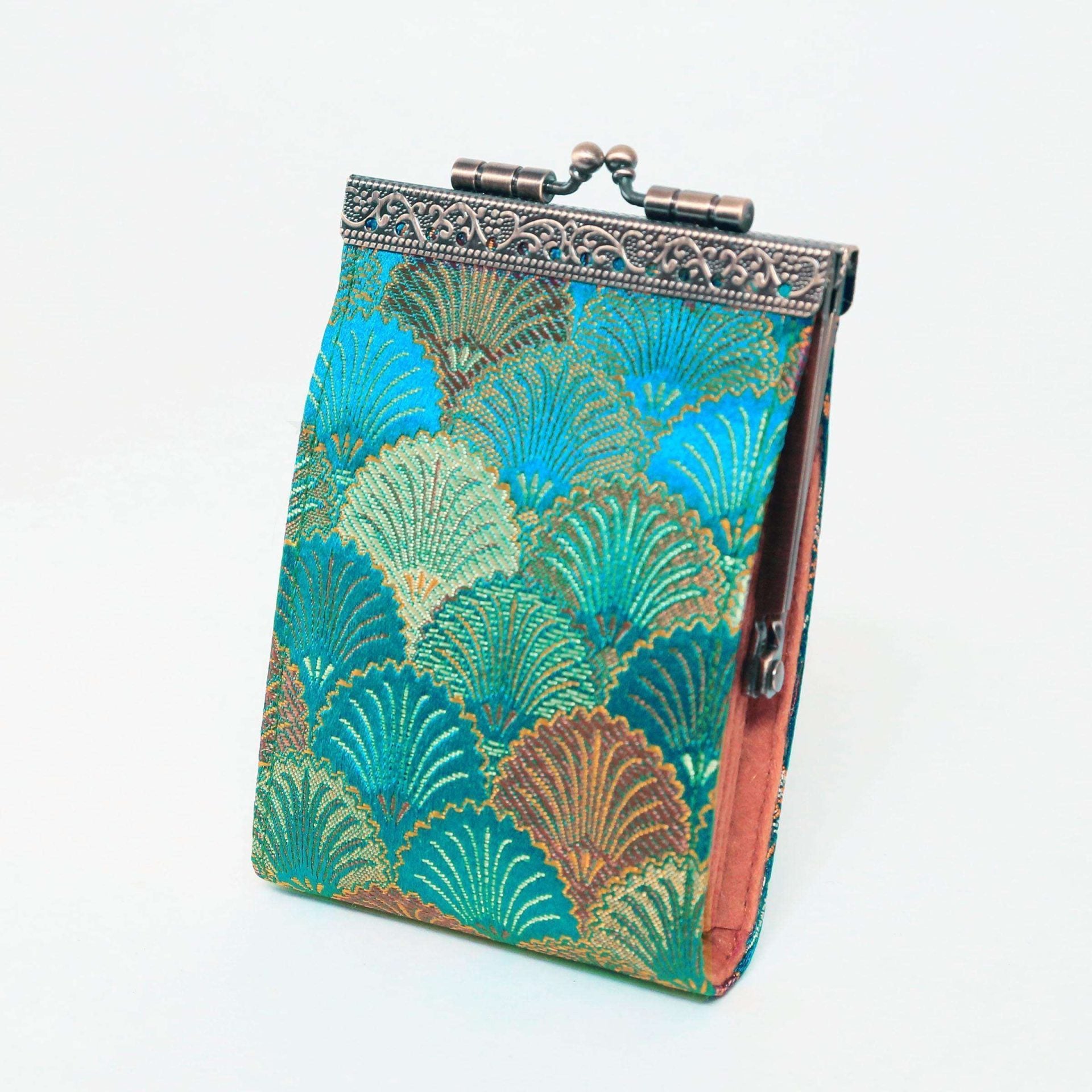 Cathayana CHR-106 Teal & Copper Brocade Shells Card Holder With Rfid, Card Case, Card Wallet