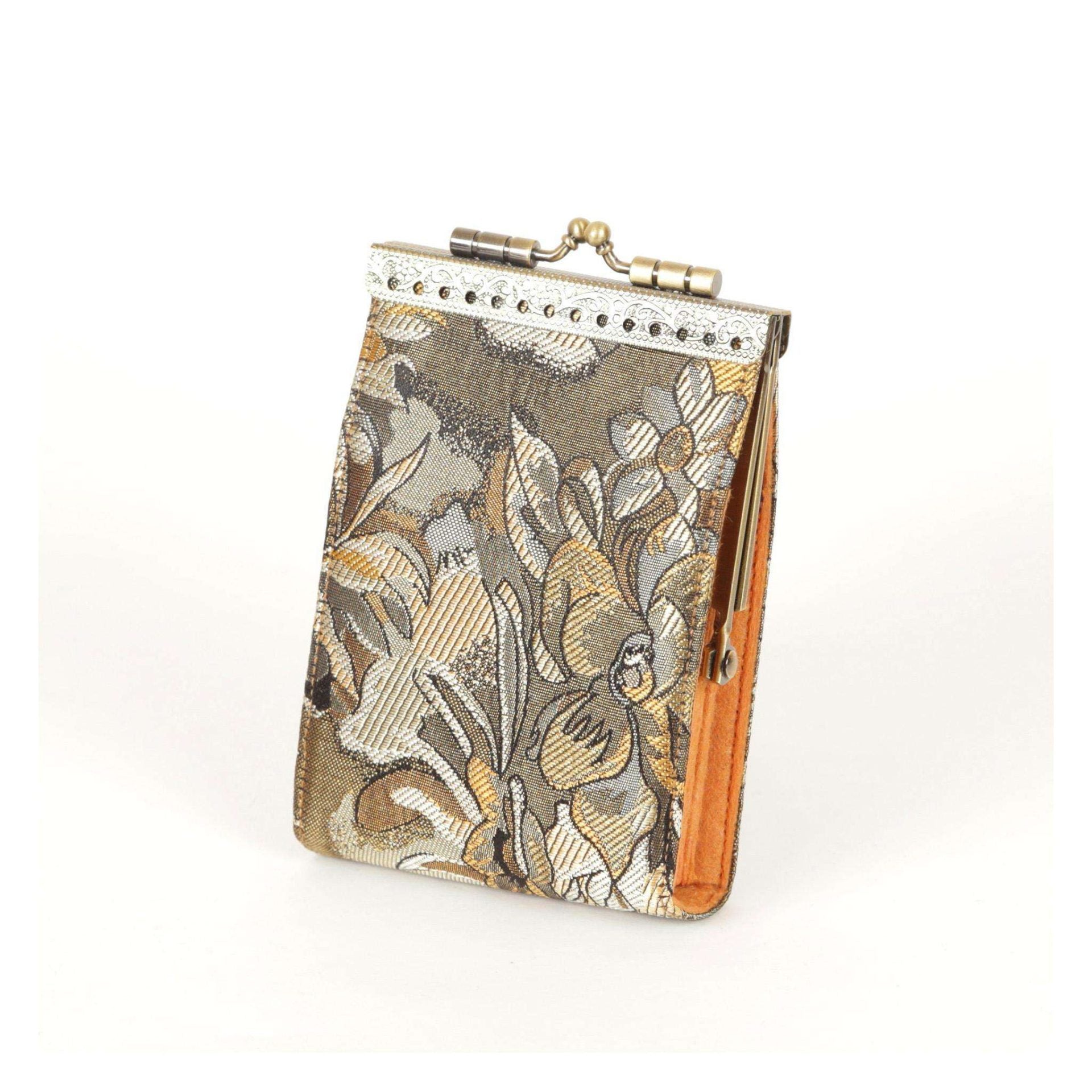 Cathayana CHR-36 Gold & Brown Floral Bamboo Leaves Card Holder With Rfid, Card Case, Card Wallet