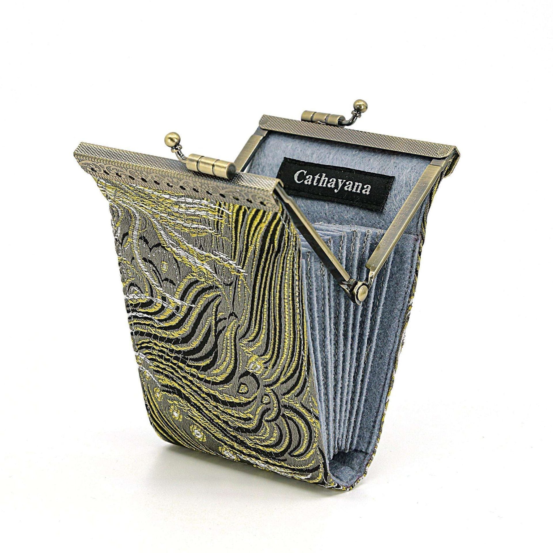 Cathayana CHR-67 Grey and Gold Brocade Peacock Card Holder With Rfid Card Case Card Wallet