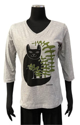 Marüshka CFRNBOG CAT FERN Black & Olive on Light Grey 3/4 Sleeve V-Neck T-Shirt