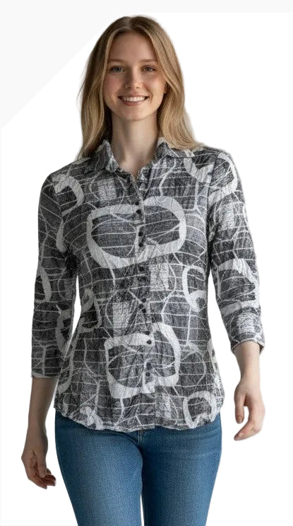 Carine BC26855 CHROME EFFECT Burnout Crinkle Sabrina Shirt