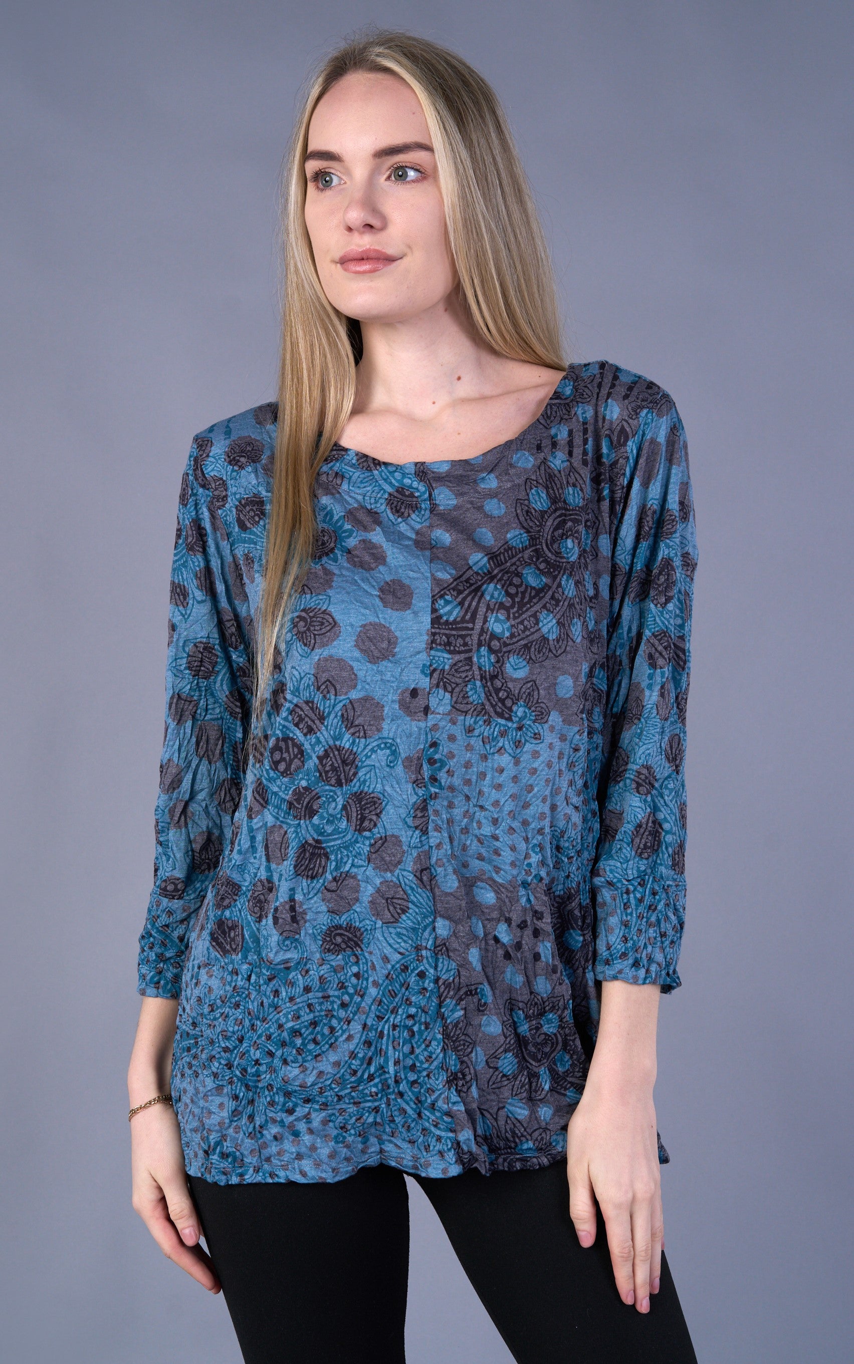 Shana 24627TL Teal Polka Dot Mixed Panel Crinkle Top