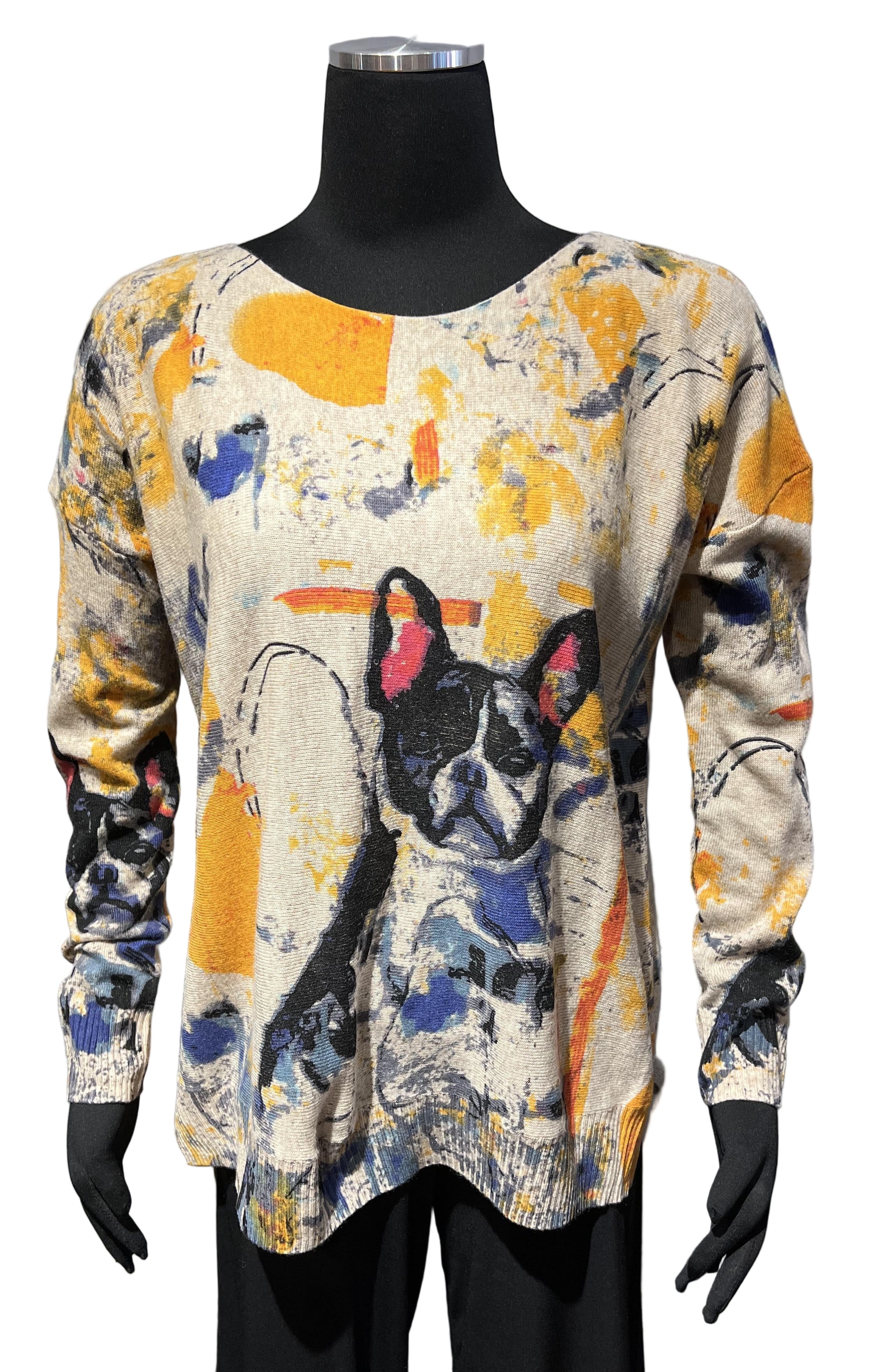 Shana 25704D Dog Printed Dolman Sleeve Long Sweater