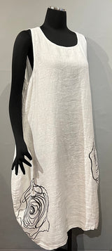 Plum Loco MD53216W WHITE Big Rose One Size 100% Linen Tank Dress