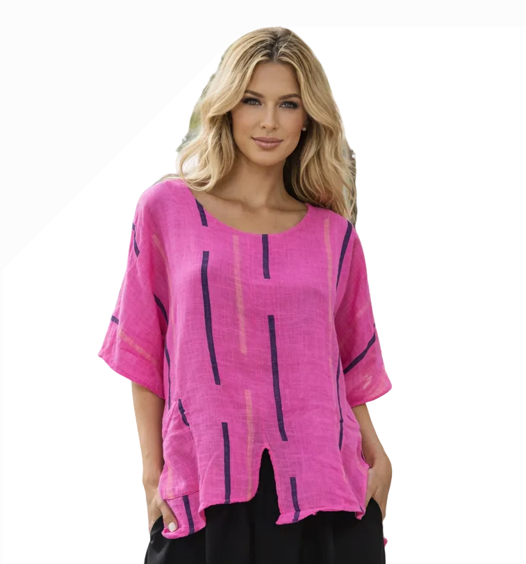 Transparente 6653SSTR STRAWBERRY 100% Linen One Size Stripe Split Tunic