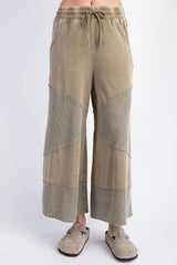 Easel EB56077 FADED OLIVE Thermal Mix Mineral Washed Terry Knit Wide Leg Pants