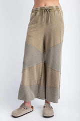 Easel EB56077 FADED OLIVE Thermal Mix Mineral Washed Terry Knit Wide Leg Pants