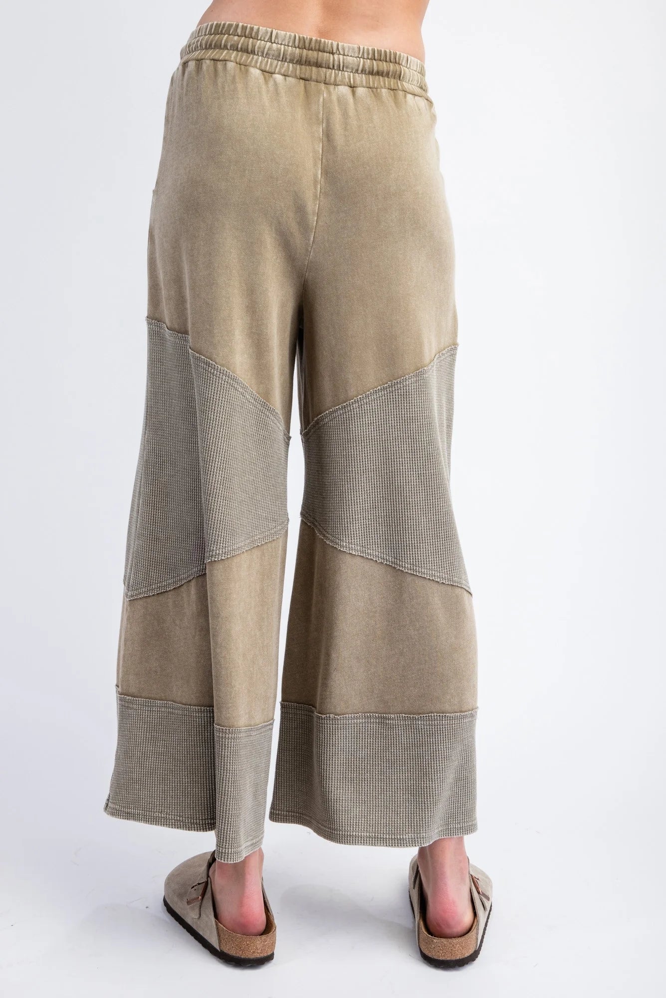 Easel EB56077 FADED OLIVE Thermal Mix Mineral Washed Terry Knit Wide Leg Pants