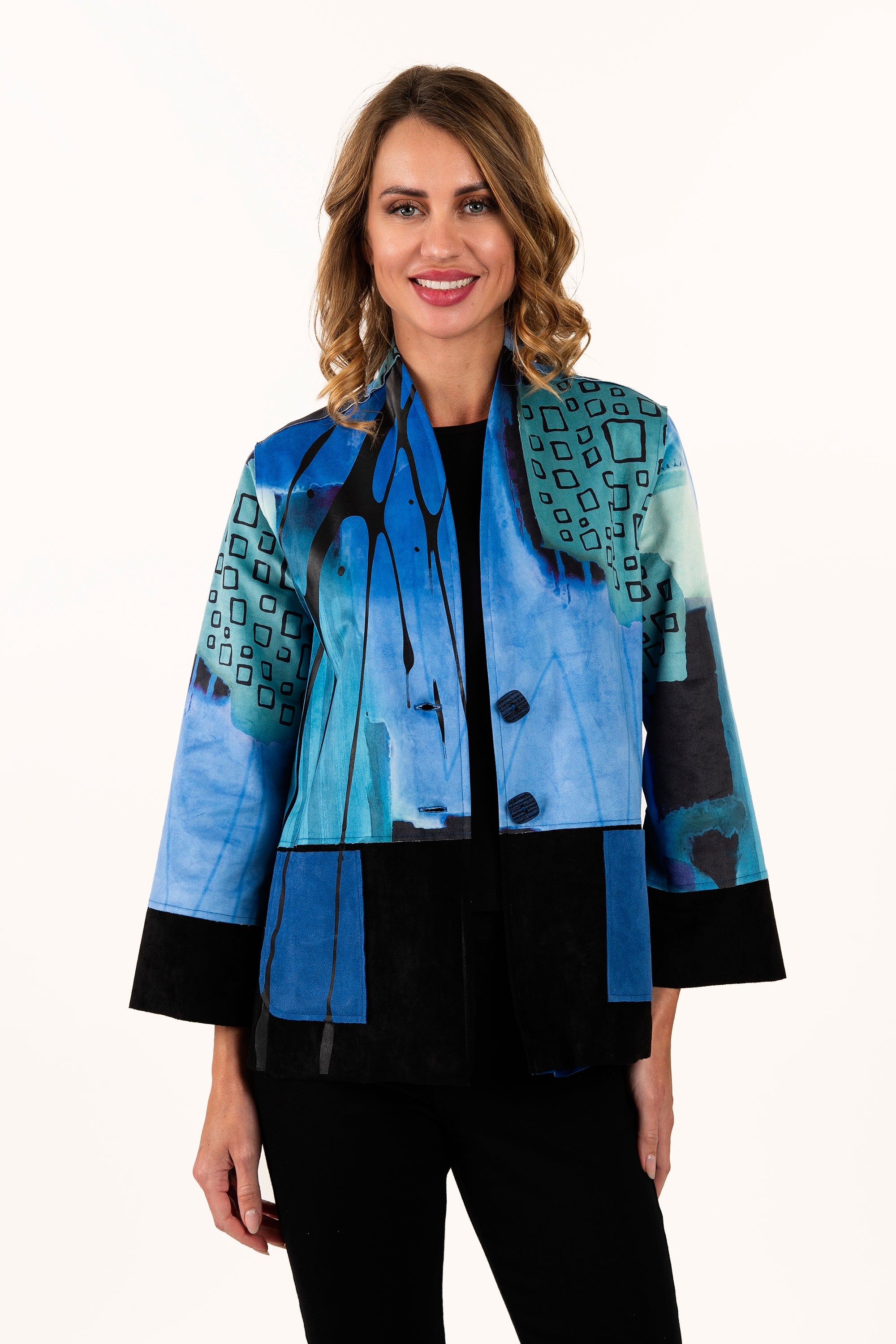 Lemongrass 394ABU BLUE Hand Printed Stand Up Collar Ultra Suede Jacket With Button Detail