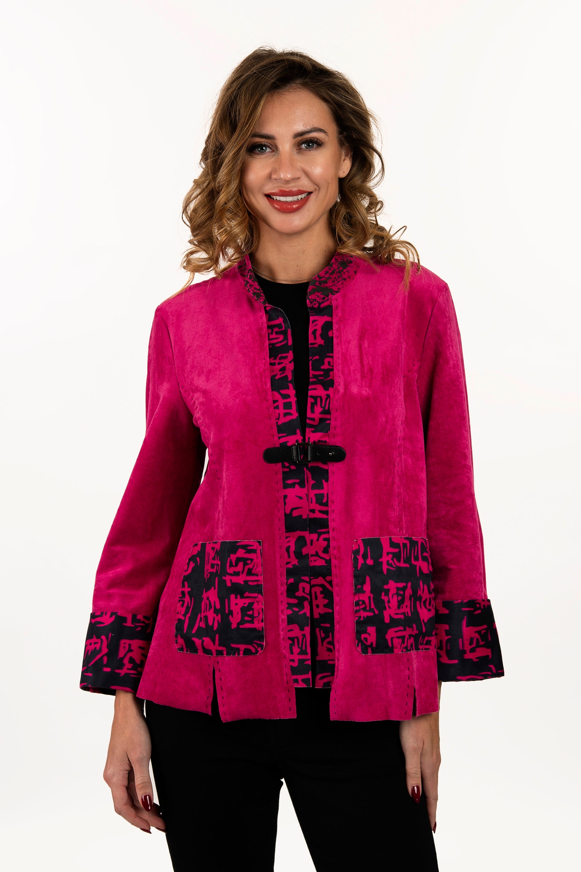 Lemongrass 3984VB Very Berry Hand Printed Ultra Suede Jacket With Contrast Fold Up Cuffs and Pockets