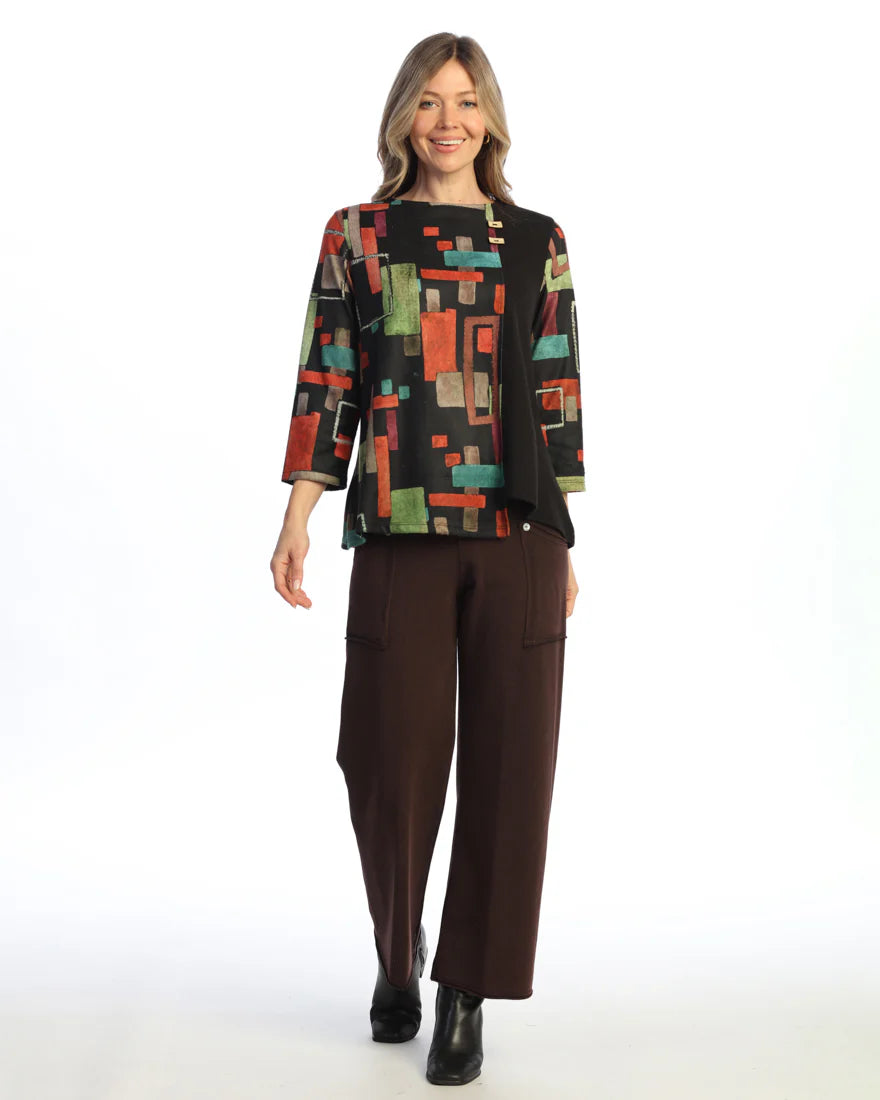 Jess & Jane FB11-2253 URBANA French Brushed Side-Slit Tunic With Front Seam & Button Accent