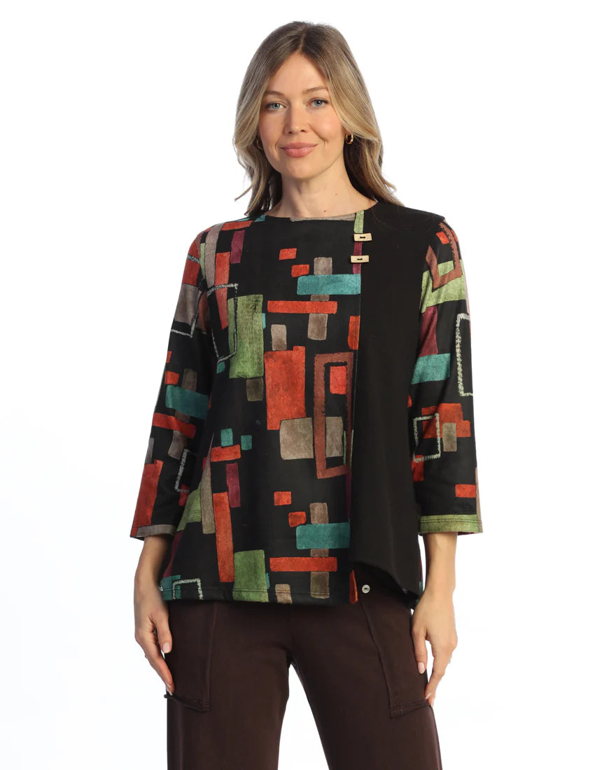 Jess & Jane FB11-2253 URBANA French Brushed Side-Slit Tunic With Front Seam & Button Accent