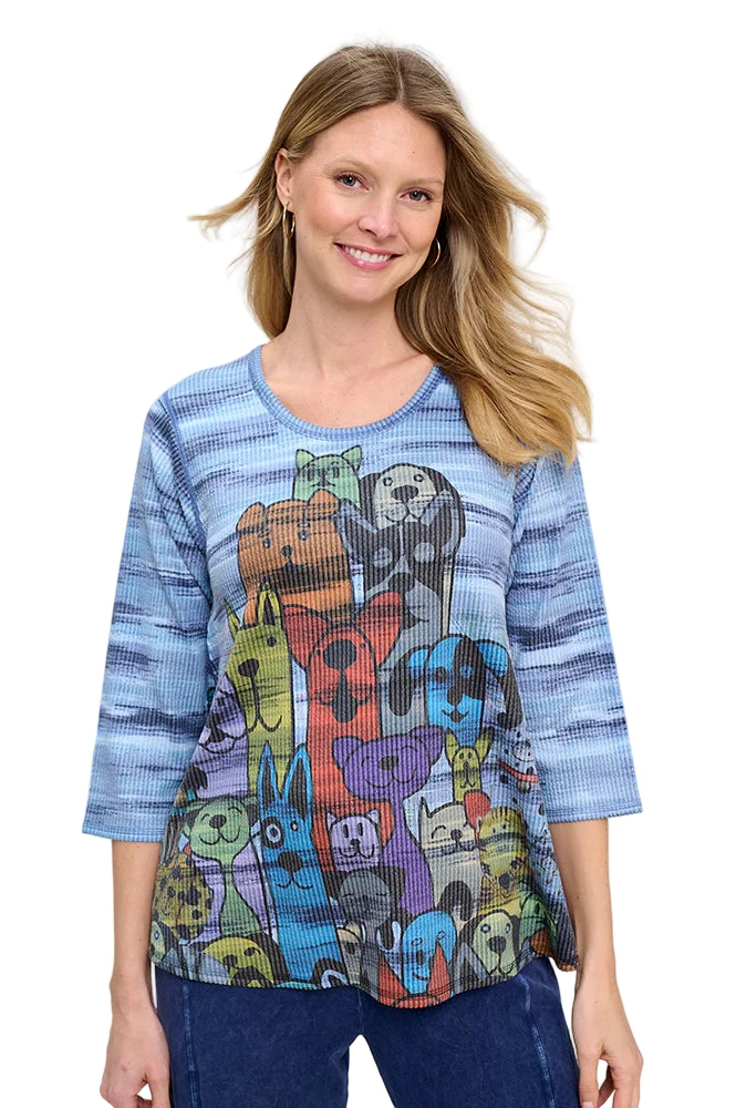 Et'Lois FB31401078 DENIM Cat Dog 3/4 Sleeve Crew Neck Honey Top